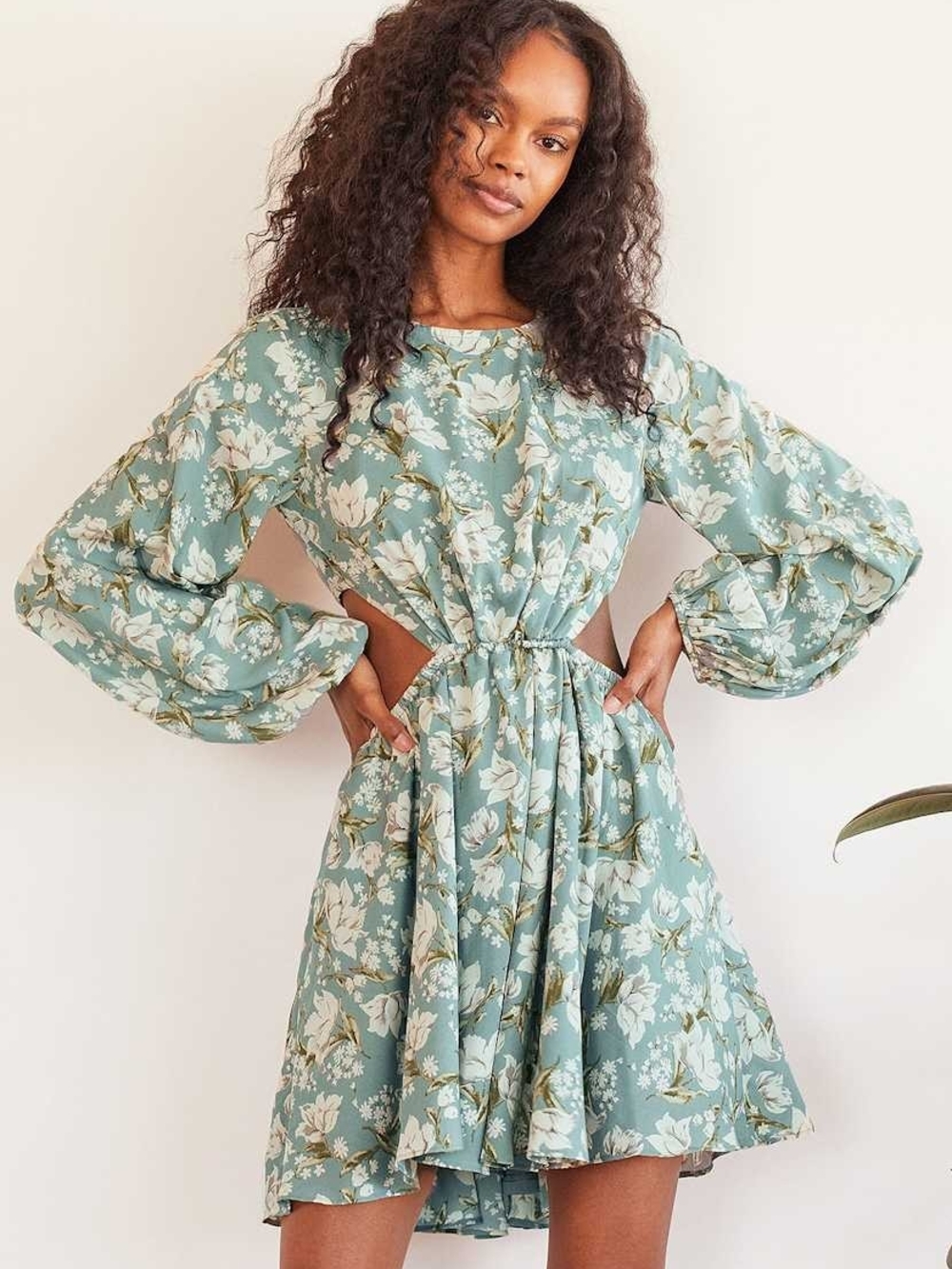 Lulus First Blooms Dusty Blue Floral Print Long Sleeve Cutout Dress Size Medium